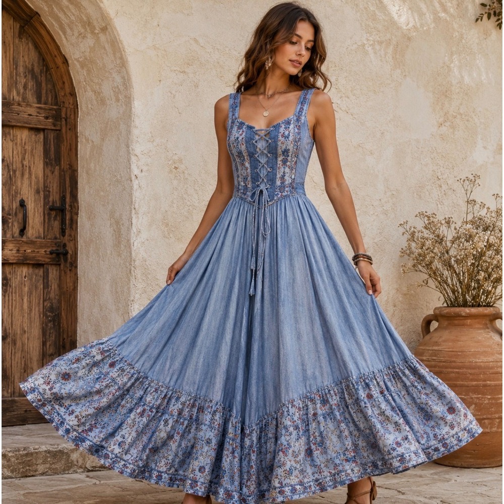 Y2K Boho Prairie Maxi Dress M Lace Up Corset Bodice Mixed Media Chambray Western